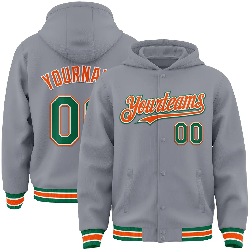 Minimalist Unisex Wardrobe Must-Haves Fresh Styles, Fresh Deals Custom Gray Kelly Green-Orange Bomber Full-Snap Varsity Letterman Hoodie Jacket