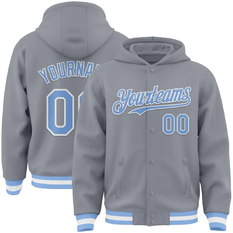 Versatile Clothing For All Genders Dive Into Trendy Styles Custom Gray Light Blue-White Bomber Full-Snap Varsity Letterman Hoodie Jacket