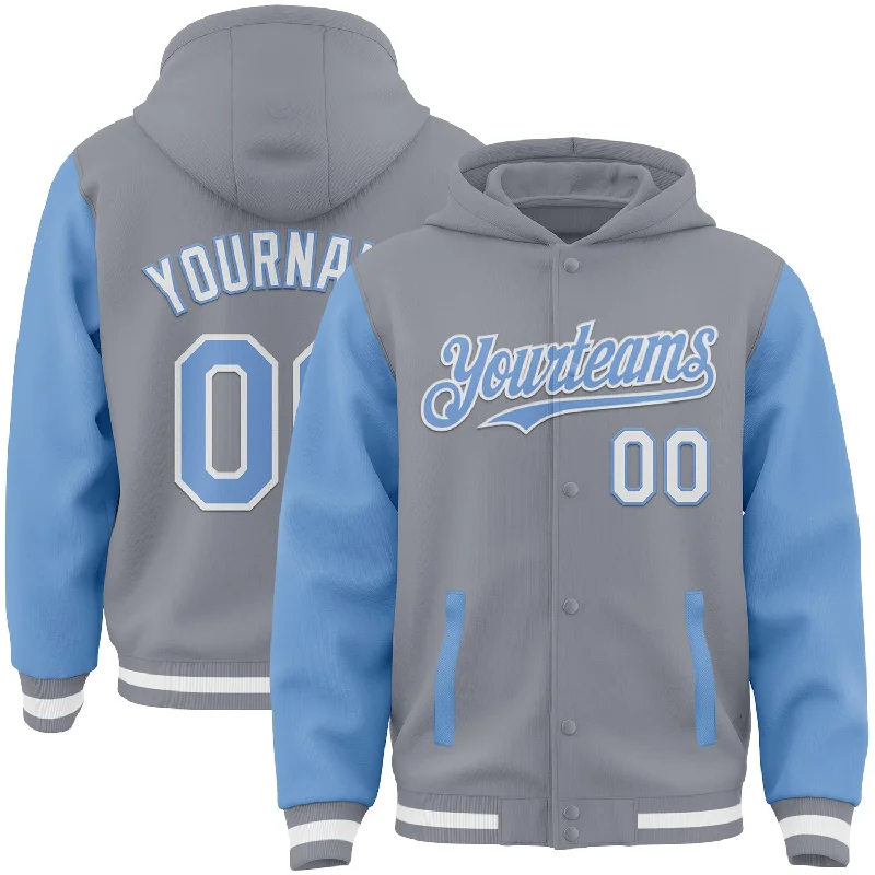 Modern Unisex Streetwear Outfits Contemporary Fashion Sale Custom Gray Light Blue-White Bomber Full-Snap Varsity Letterman Two Tone Hoodie Jacket