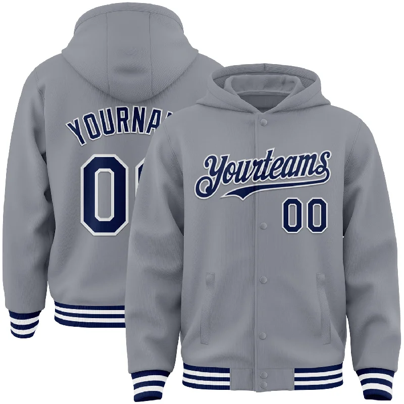 Modern Unisex Clothing For Any Occasion Timeless Elegance Sale Custom Gray Navy-White Bomber Full-Snap Varsity Letterman Hoodie Jacket