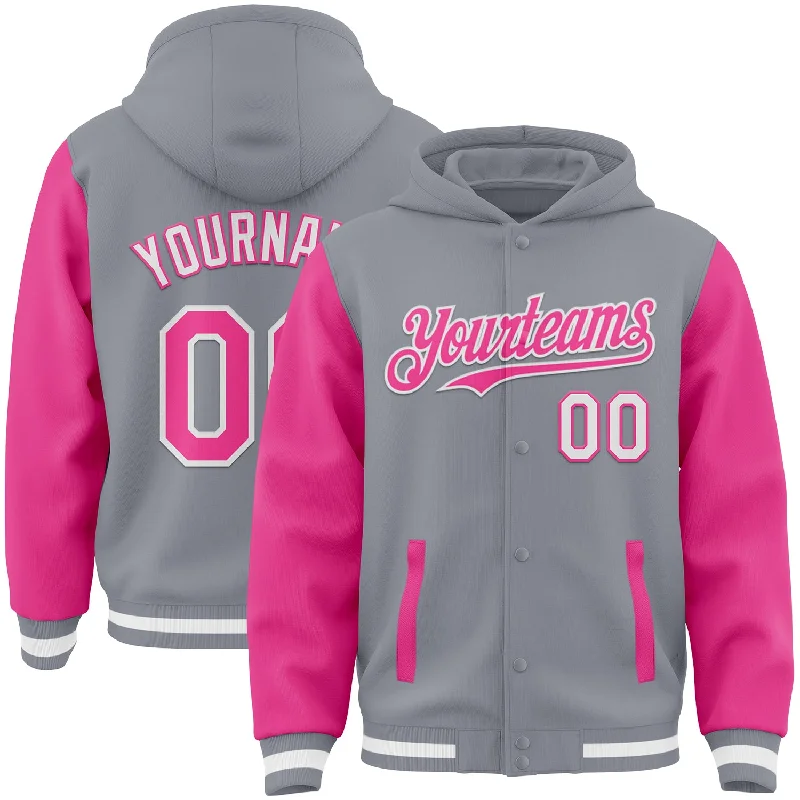 Sleek And Stylish Unisex Outerwear Seasonal Picks Custom Gray Pink-White Bomber Full-Snap Varsity Letterman Two Tone Hoodie Jacket