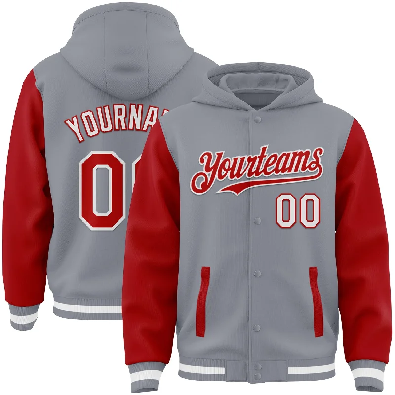 Oversized Unisex Fashion Pieces Contemporary Chic Promotions Custom Gray Red-White Bomber Full-Snap Varsity Letterman Two Tone Hoodie Jacket