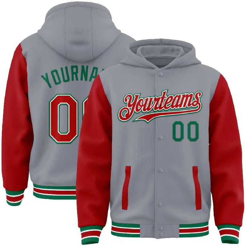 Minimalist Unisex Wardrobe Must-Haves Everyday Elegance Sale Custom Gray Red-Kelly Green Bomber Full-Snap Varsity Letterman Two Tone Hoodie Jacket