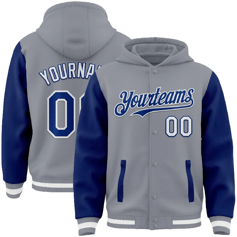 Classic And Timeless Unisex Style Stupidly Low Prices Custom Gray Royal-White Bomber Full-Snap Varsity Letterman Two Tone Hoodie Jacket