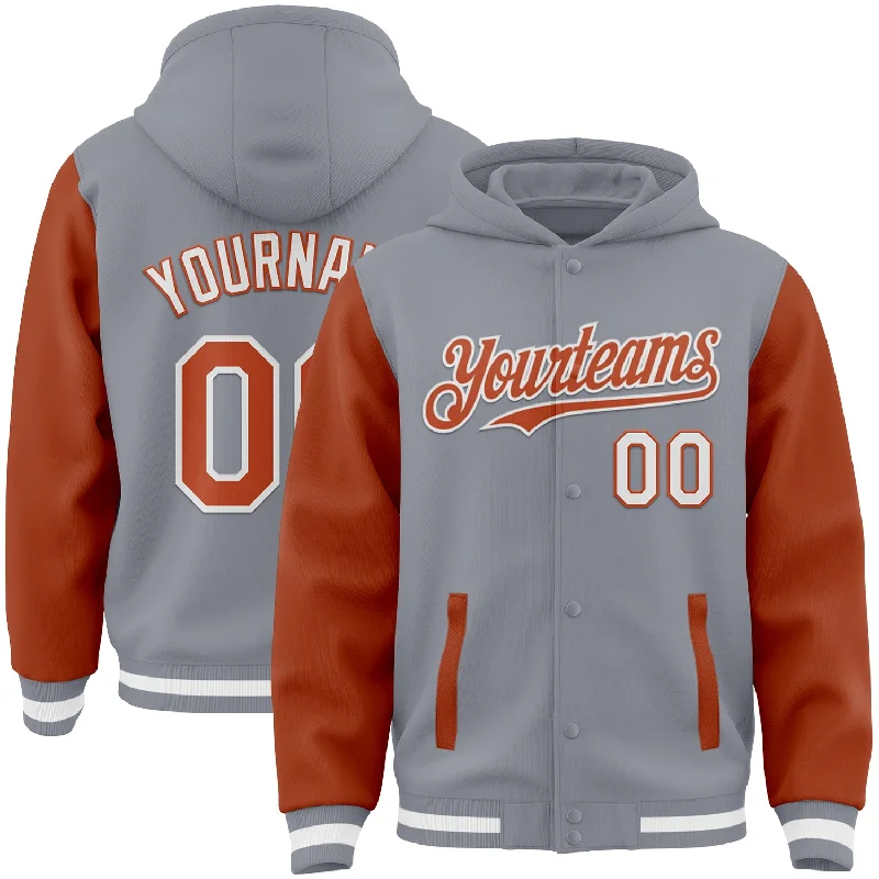 Modern Unisex Clothing For Any Occasion New Styles Just In Custom Gray Texas Orange-White Bomber Full-Snap Varsity Letterman Two Tone Hoodie Jacket