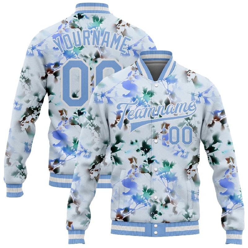 All-Season Unisex Clothing Collection Elegant Fashion Offers Custom White Light Blue Branches And Leaves 3D Pattern Design Bomber Full-Snap Varsity Letterman Jacket