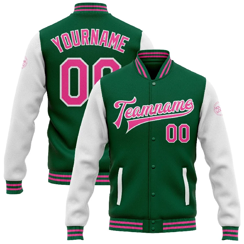 Relaxed-Fit Unisex Fashion For All-Day Comfort Fashionista Favorites Custom Kelly Green Pink-White Bomber Full-Snap Varsity Letterman Two Tone Jacket