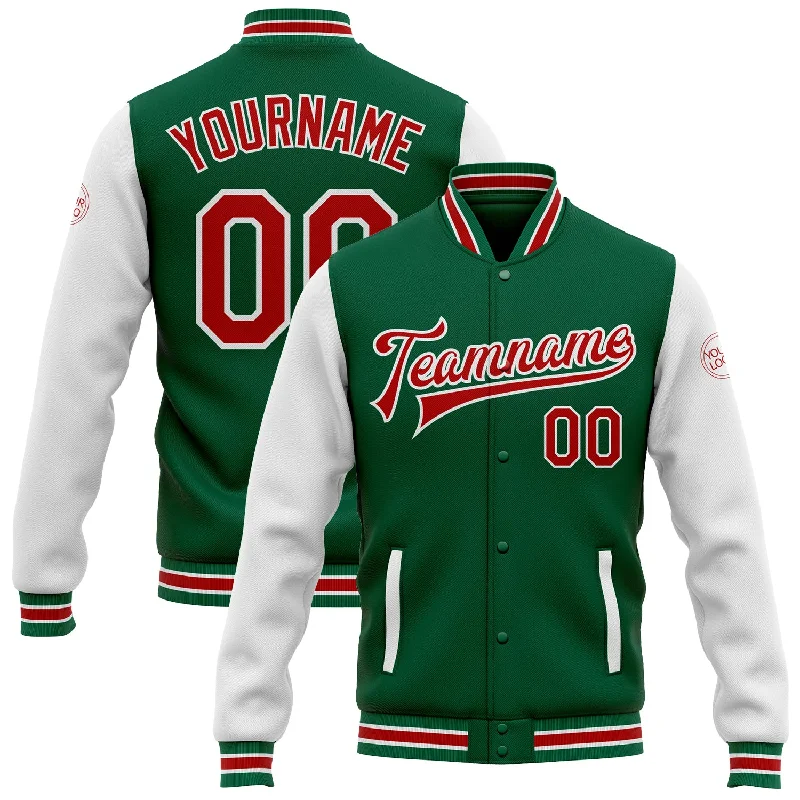 Chic And Contemporary Unisex Clothing Choices Limited-Time Offer Custom Kelly Green Red-White Bomber Full-Snap Varsity Letterman Two Tone Jacket