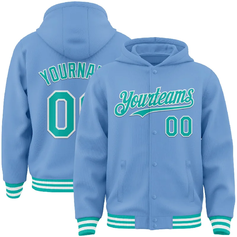 Versatile Gender-Free Wardrobe Essentials Season Offer Custom Light Blue Aqua-White Bomber Full-Snap Varsity Letterman Hoodie Jacket