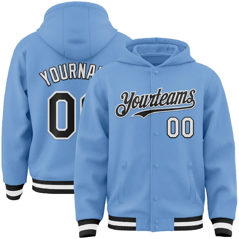 Comfortable Gender-Free Fashion Choices Limited Time Special Offer Custom Light Blue Black-White Bomber Full-Snap Varsity Letterman Hoodie Jacket