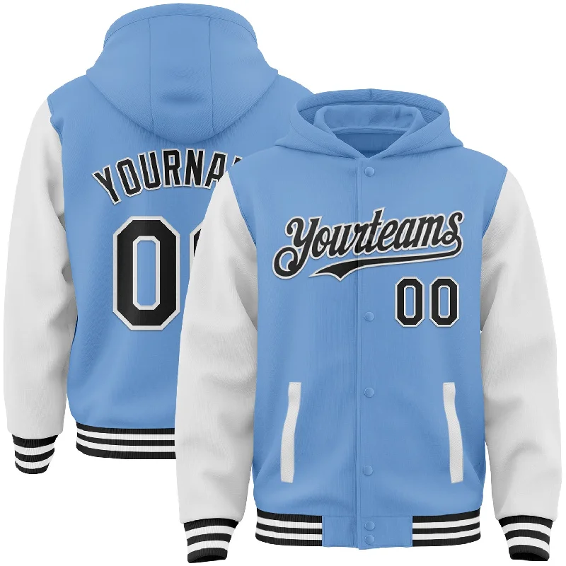 High-Quality Unisex Basics For All Occasions Feminine Style Promotions Custom Light Blue Black-White Bomber Full-Snap Varsity Letterman Two Tone Hoodie Jacket