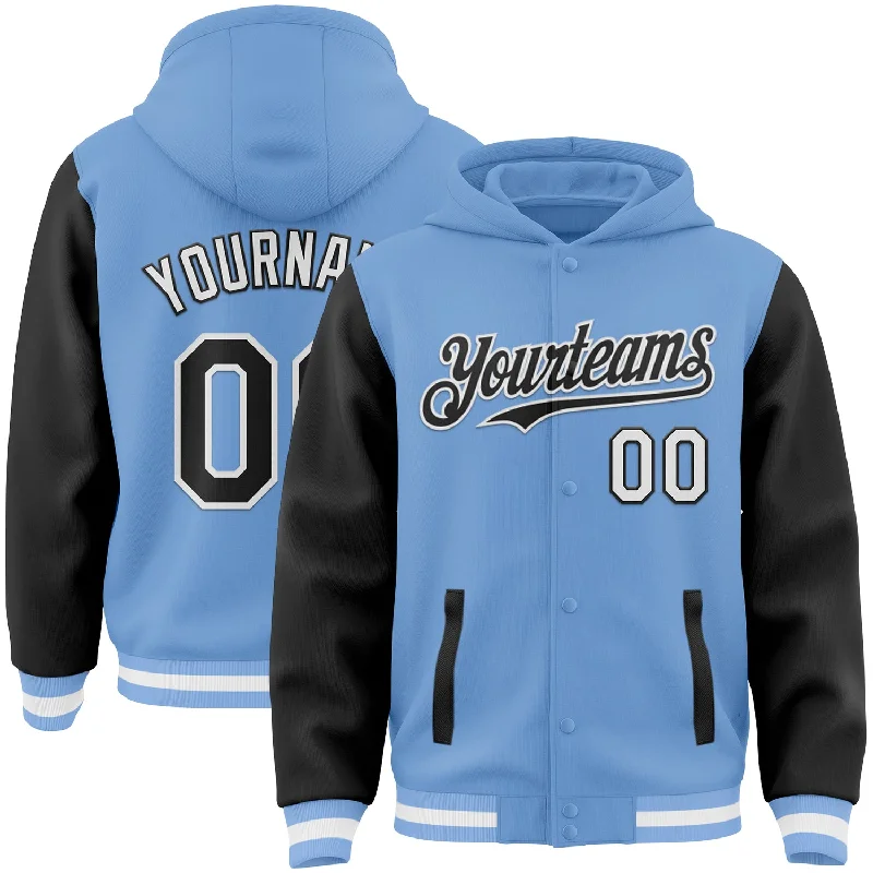 Fashion-Forward Gender-Neutral Outerwear Summer Fashion Custom Light Blue Black-White Bomber Full-Snap Varsity Letterman Two Tone Hoodie Jacket