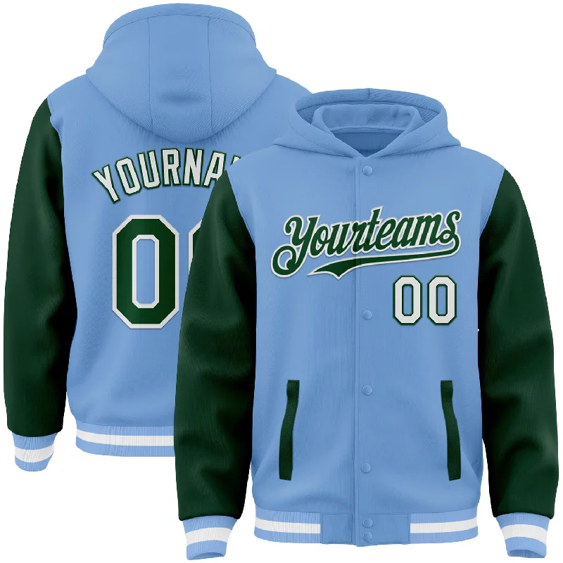 Breathable And Lightweight Unisex Wear Athleisure Style Sale Custom Light Blue Green-White Bomber Full-Snap Varsity Letterman Two Tone Hoodie Jacket