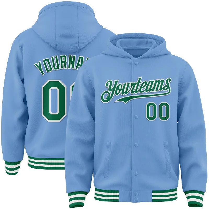 Classic And Timeless Unisex Style Limited Stock, Big Sale Custom Light Blue Kelly Green-White Bomber Full-Snap Varsity Letterman Hoodie Jacket