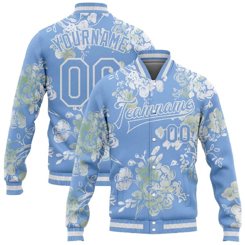 Everyday Wear For Men And Women Fashion Sale Custom Light Blue White Plant And Flower 3D Pattern Design Bomber Full-Snap Varsity Letterman Jacket