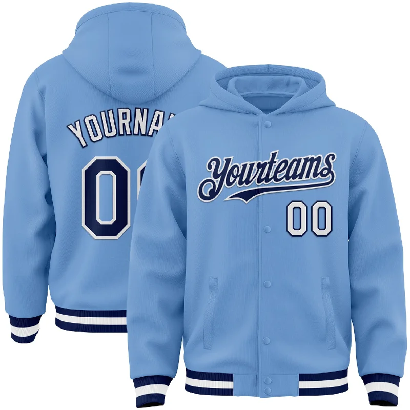 Elegant And Minimal Gender-Free Clothing Seize Bargains Custom Light Blue Navy-White Bomber Full-Snap Varsity Letterman Hoodie Jacket