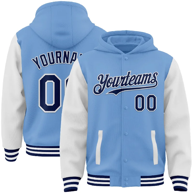 Versatile And Stylish Unisex Apparel Fashion-Forward Offers Custom Light Blue Navy-White Bomber Full-Snap Varsity Letterman Two Tone Hoodie Jacket