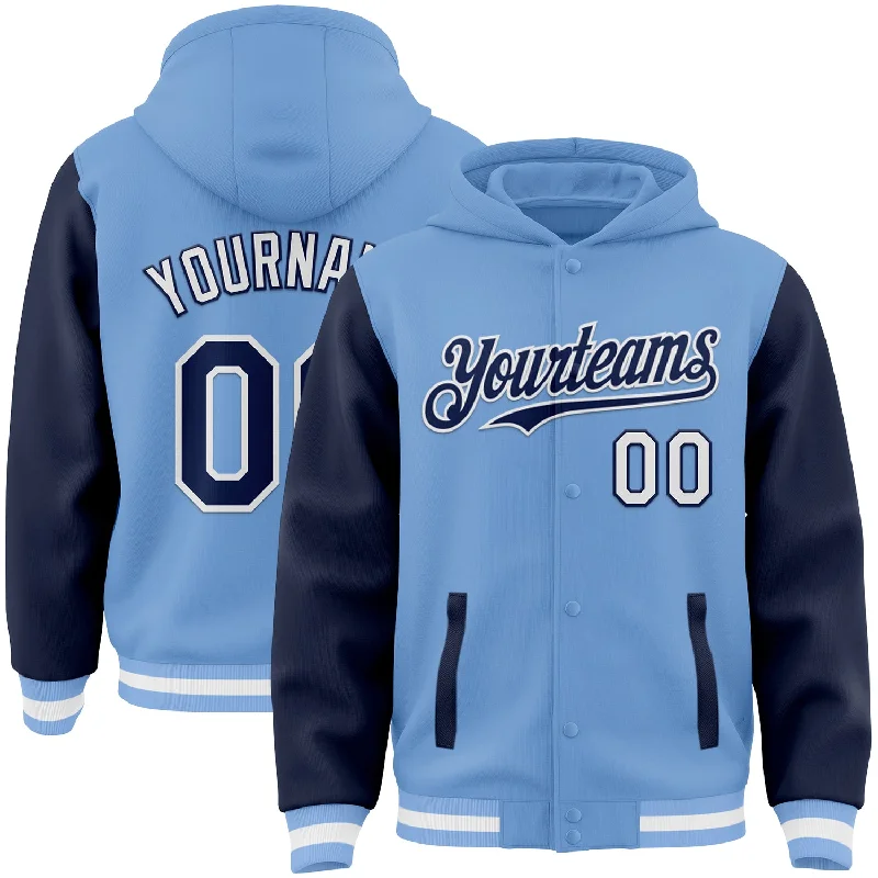 Comfortable And Stylish Unisex Outfits Special Offer For You Custom Light Blue Navy-White Bomber Full-Snap Varsity Letterman Two Tone Hoodie Jacket