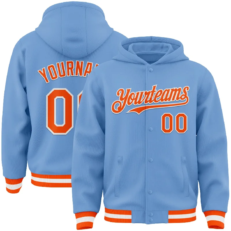 Bold And Trendy Gender-Neutral Outfits Swimwear Summer Blowout Custom Light Blue Orange-White Bomber Full-Snap Varsity Letterman Hoodie Jacket