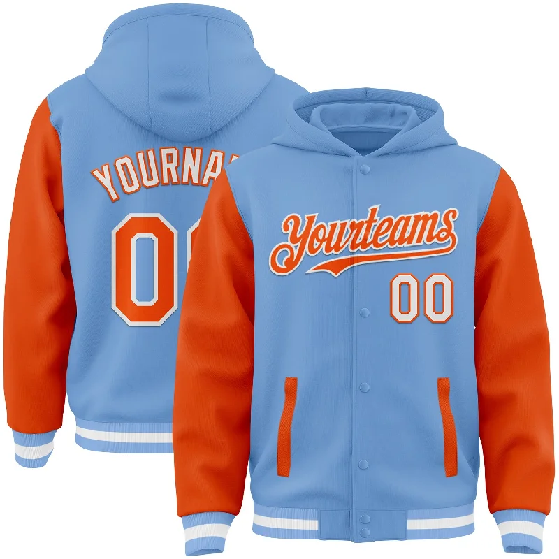 High-Quality Unisex Basics For Everyday Wear Snag Fabulous Fashion Bargains Custom Light Blue Orange-White Bomber Full-Snap Varsity Letterman Two Tone Hoodie Jacket