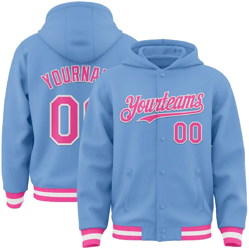 Casual Yet Sophisticated Unisex Fashion Daring Fashion Promotions Custom Light Blue Pink-White Bomber Full-Snap Varsity Letterman Hoodie Jacket