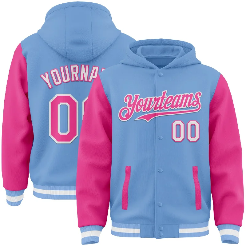 Bold And Trendy Gender-Neutral Outfits Premium Fashion Custom Light Blue Pink-White Bomber Full-Snap Varsity Letterman Two Tone Hoodie Jacket