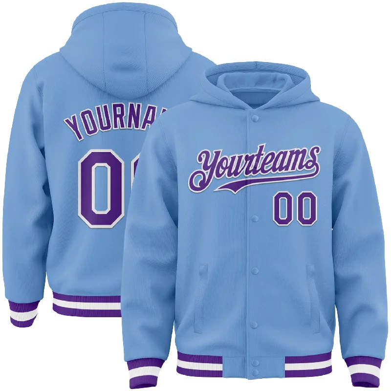 Comfortable Unisex Streetwear Street Chic Discounts Custom Light Blue Purple-White Bomber Full-Snap Varsity Letterman Hoodie Jacket