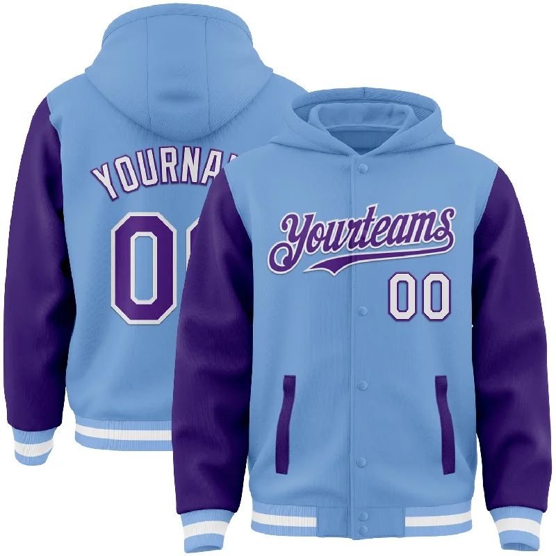 Gender-Neutral Clothing Styles Buy More, Save More Custom Light Blue Purple-White Bomber Full-Snap Varsity Letterman Two Tone Hoodie Jacket