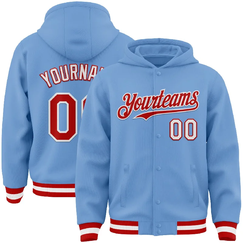 Versatile Clothing For All Genders Special Offers Custom Light Blue Red-White Bomber Full-Snap Varsity Letterman Hoodie Jacket