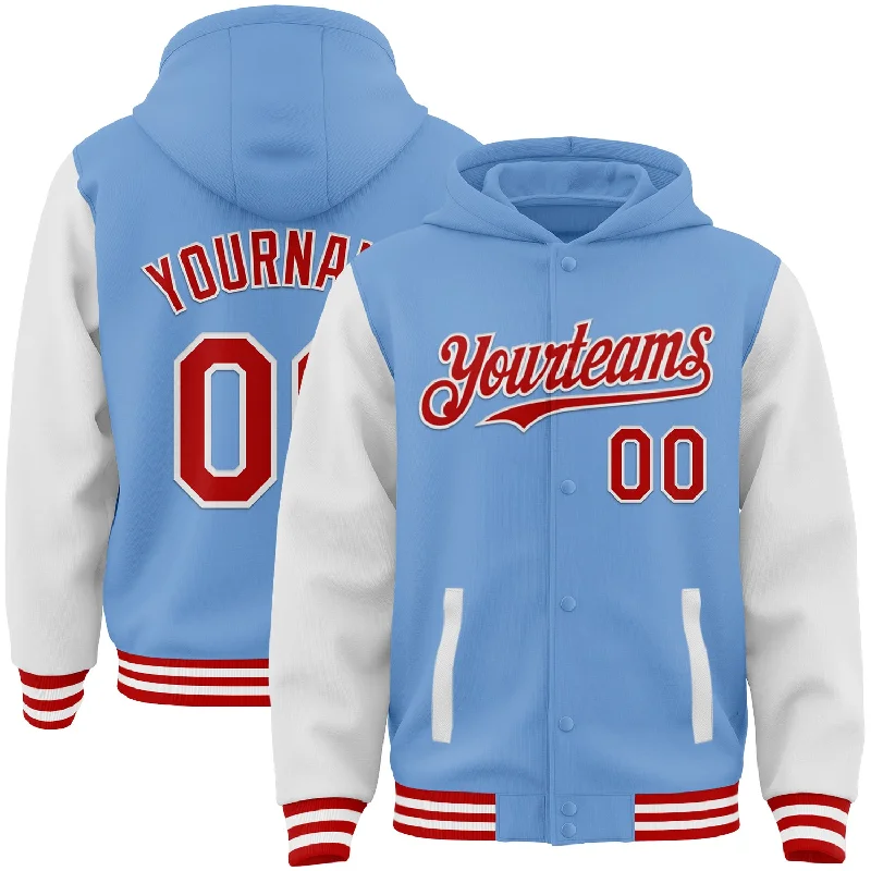 Lightweight And Breathable Unisex Wear Bold Fashion Sales Custom Light Blue Red-White Bomber Full-Snap Varsity Letterman Two Tone Hoodie Jacket