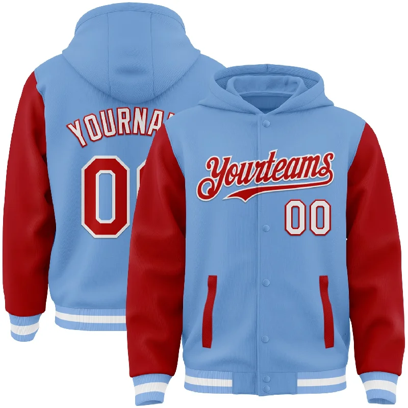 Casual Yet Sophisticated Unisex Fashion Fashion Forward Femininity Custom Light Blue Red-White Bomber Full-Snap Varsity Letterman Two Tone Hoodie Jacket