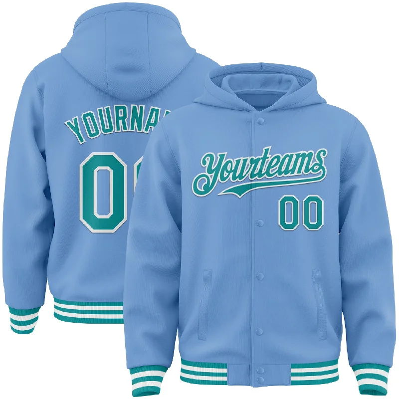 Sustainable And Ethical Unisex Clothing Massive Savings Custom Light Blue Teal-White Bomber Full-Snap Varsity Letterman Hoodie Jacket