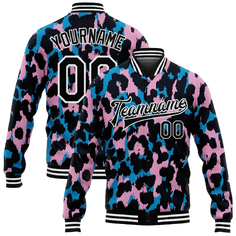 Relaxed-Fit Unisex Clothing Options Minimalist Fashion Sale Custom Light Pink Black-White Leopard Print 3D Pattern Design Bomber Full-Snap Varsity Letterman Jacket