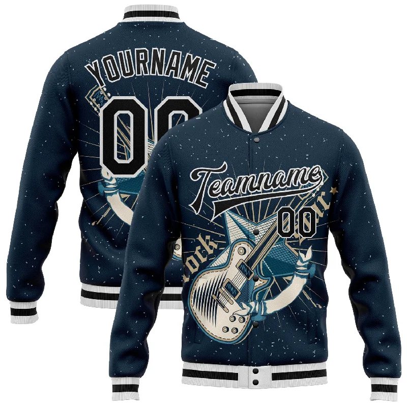 Bold And Trendy Gender-Neutral Outfits Luxury Fashion Custom Navy Black-White Guitar Rock Star Music Festival 3D Pattern Design Bomber Full-Snap Varsity Letterman Jacket