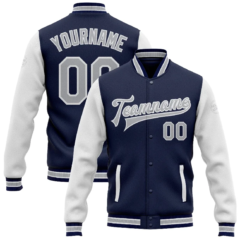 Stylish Unisex Outfit Ideas Budget Saver Custom Navy Gray-White Bomber Full-Snap Varsity Letterman Two Tone Jacket