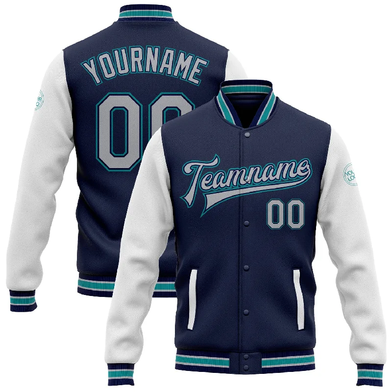 Urban-Inspired Unisex Fashion Pieces Luxe Style Discounts Custom Navy Gray White-Teal Bomber Full-Snap Varsity Letterman Two Tone Jacket