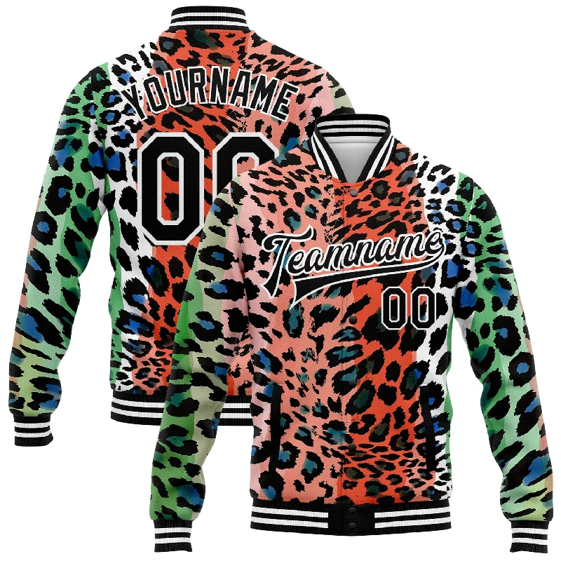 Unisex Everyday Fashion Essentials Dive Into Trendy Styles Custom Orange Black-White Leopard Print 3D Pattern Design Bomber Full-Snap Varsity Letterman Jacket