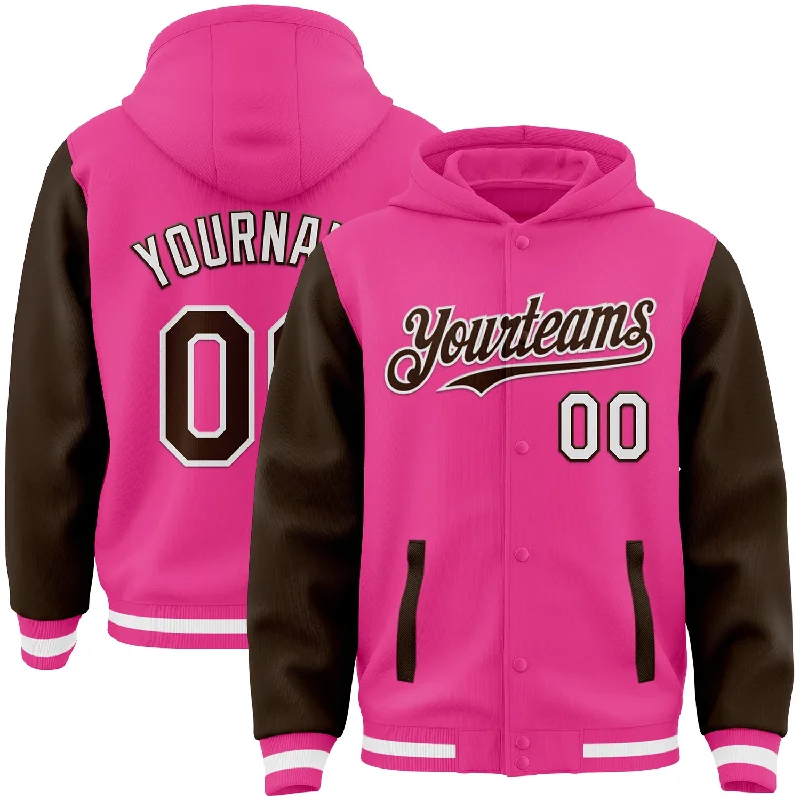 Versatile Gender-Free Wardrobe Essentials Boutique Styles Custom Pink Brown-White Bomber Full-Snap Varsity Letterman Two Tone Hoodie Jacket