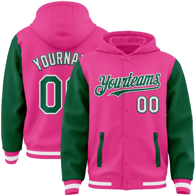 Classic And Timeless Unisex Style Glamorous Fashion Offers Custom Pink Kelly Green-White Bomber Full-Snap Varsity Letterman Two Tone Hoodie Jacket