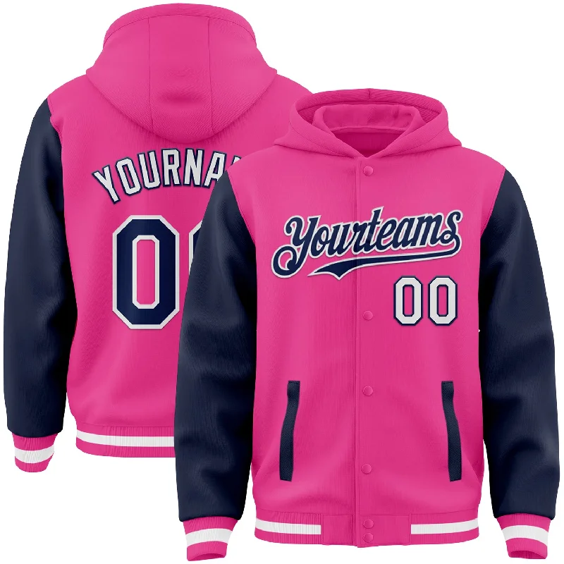 Casual And Trendy Unisex Fashion Staples Timeless Style Promotions Custom Pink Navy-White Bomber Full-Snap Varsity Letterman Two Tone Hoodie Jacket