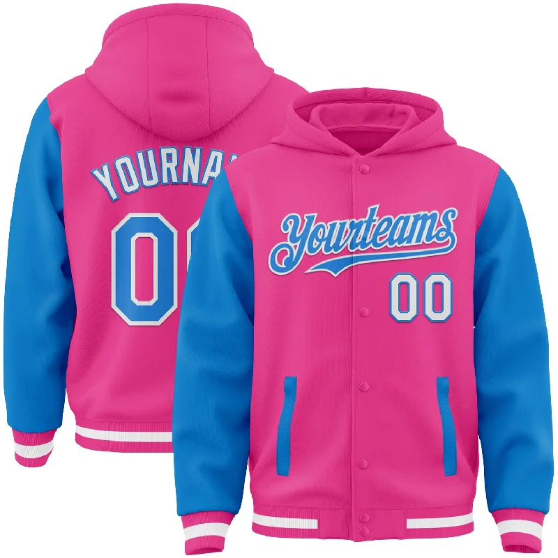 Minimalist Unisex Wardrobe Must-Haves Affordable Luxury Fashion Custom Pink Powder Blue-White Bomber Full-Snap Varsity Letterman Two Tone Hoodie Jacket