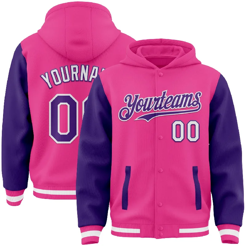 Sleek And Comfortable Unisex Wear Urban Fashion Custom Pink Purple-White Bomber Full-Snap Varsity Letterman Two Tone Hoodie Jacket