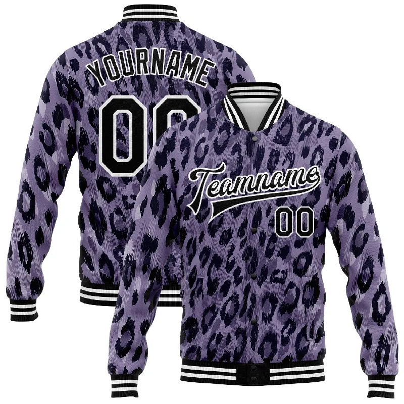 Functional And Stylish Unisex Outerwear Forward Trendsetter Custom Purple Black-White Leopard Print 3D Pattern Design Bomber Full-Snap Varsity Letterman Jacket