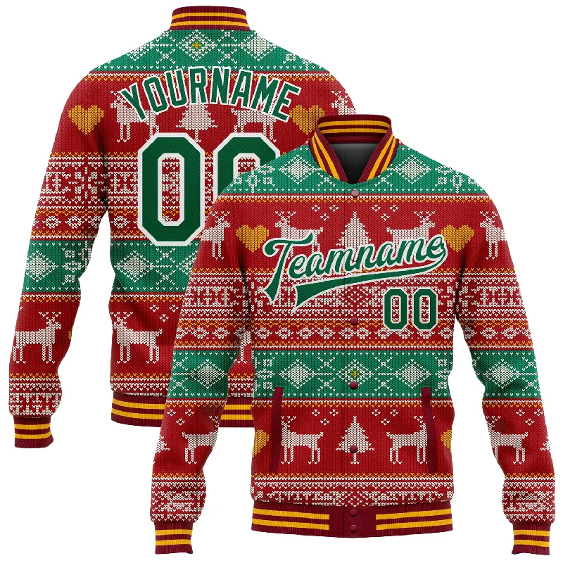 Fashion-Forward Unisex Apparel Stupidly Low Prices Custom Red Kelly Green-White Christmas Reindeers 3D Bomber Full-Snap Varsity Letterman Jacket