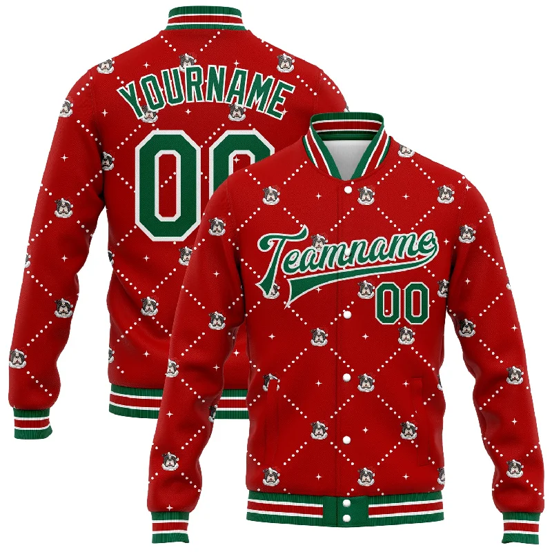 Versatile Clothing For All Genders Exclusive Deals Online Custom Red Kelly Green-White Christmas Dog Wearing Santa Claus Costume 3D Bomber Full-Snap Varsity Letterman Jacket