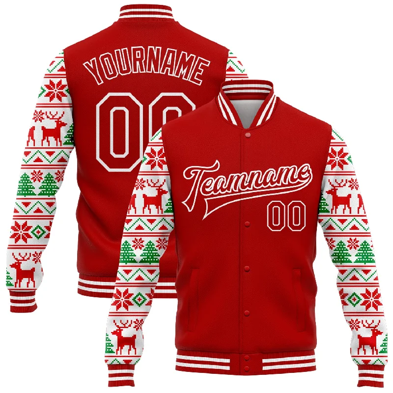 Everyday Wear For Men And Women Limited Time Offer Custom Red White Christmas 3D Bomber Full-Snap Varsity Letterman Jacket