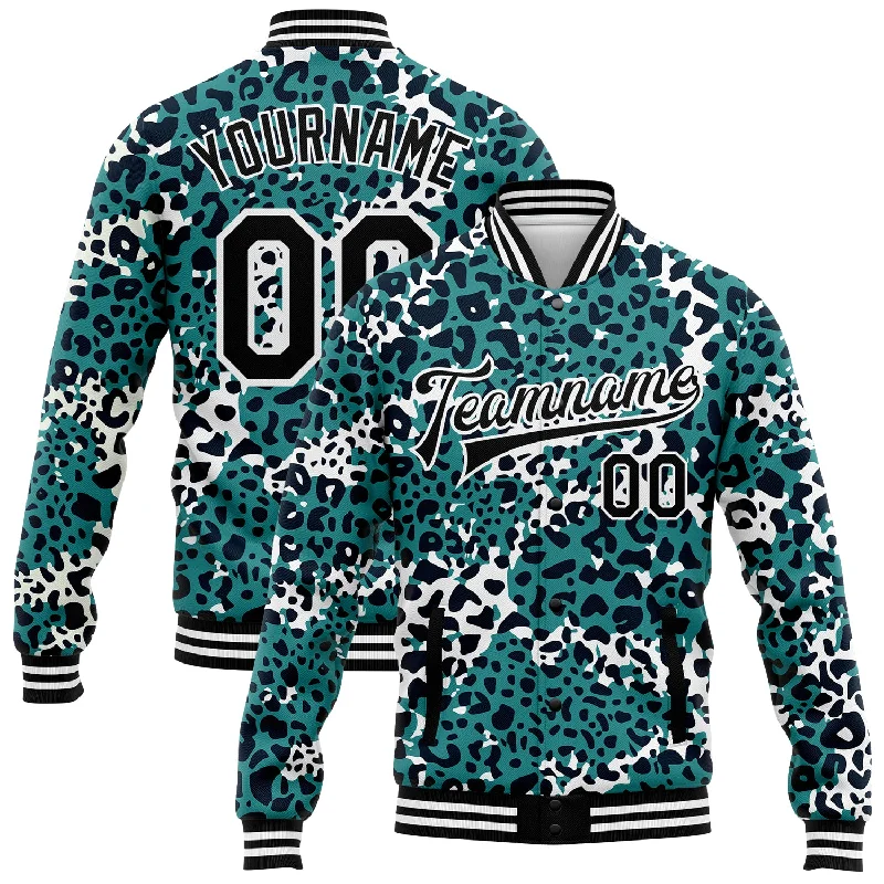 Trendy Unisex Streetwear Fashion Seasonal Clearance Custom Teal Black-White Leopard Print 3D Pattern Design Bomber Full-Snap Varsity Letterman Jacket