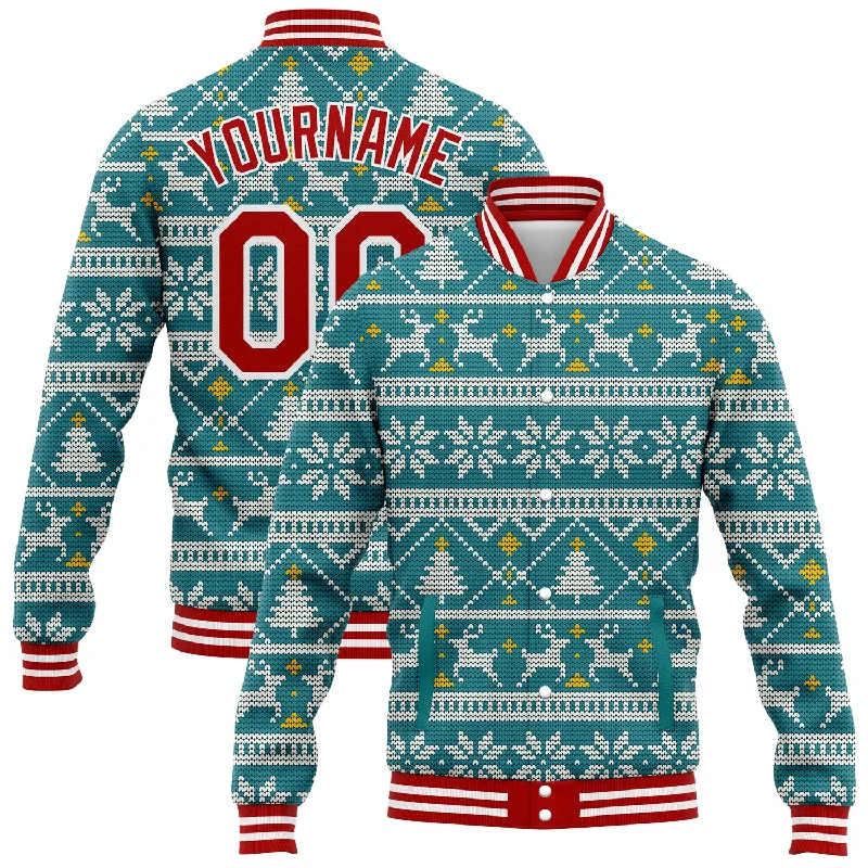 Effortless And Modern Unisex Dressing Season Offer Custom Teal Red-White Christmas 3D Bomber Full-Snap Varsity Letterman Jacket