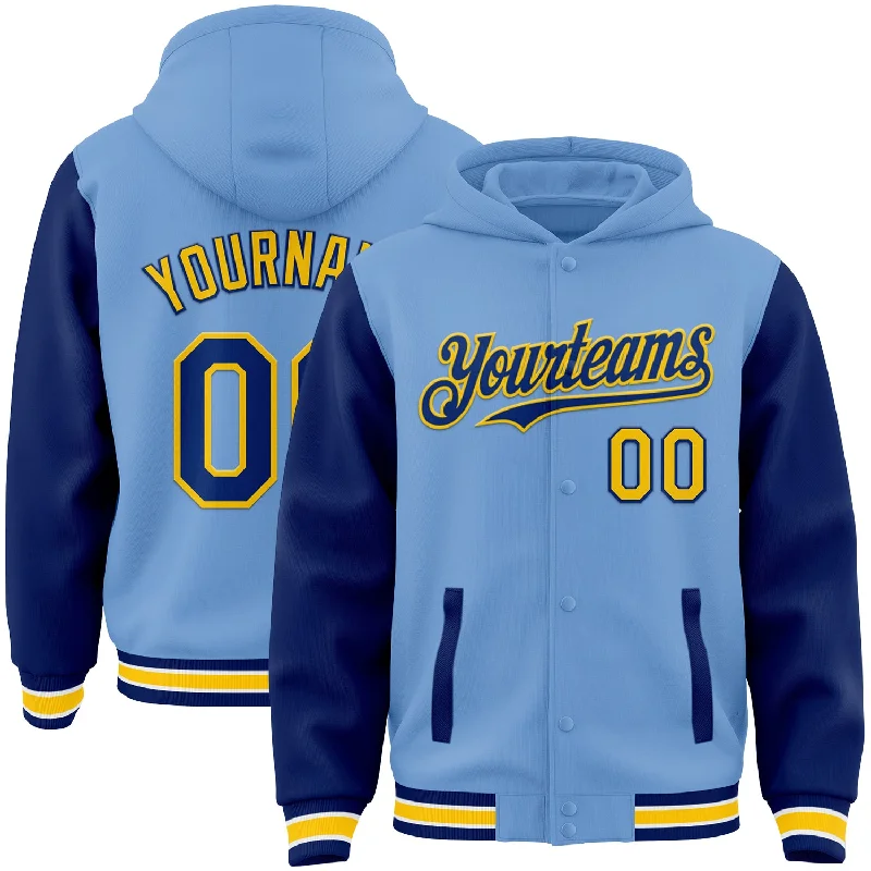 All-Season Unisex Clothing Collection Fashion Sale Custom Light Blue Royal-Yellow Bomber Full-Snap Varsity Letterman Two Tone Hoodie Jacket